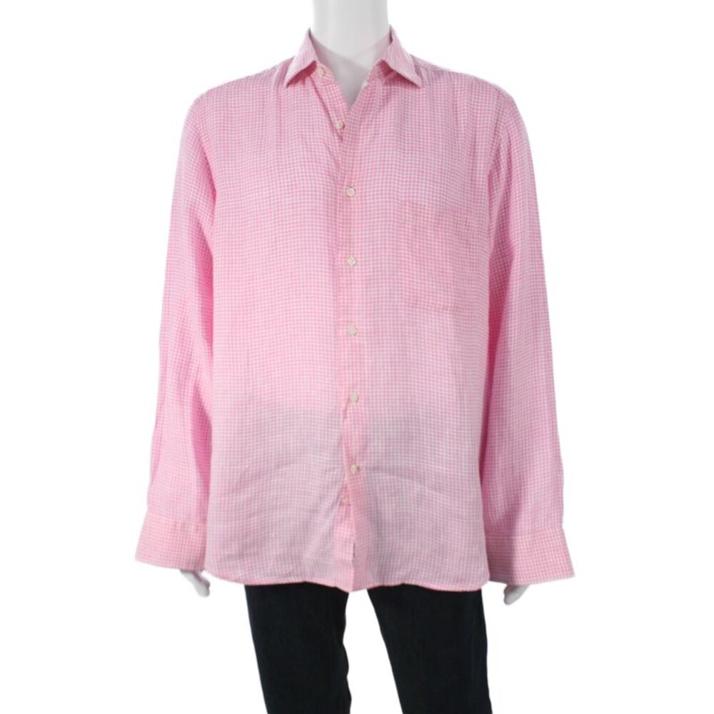 Davide Cenci Mens Linen Gingham Plaid Button Down Shirt Pink White Size 16.5 42